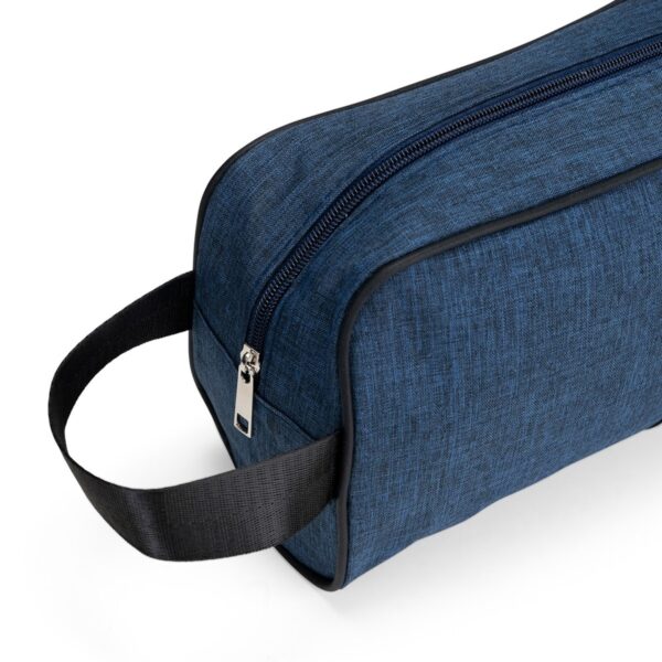 Nécessaire Oxford azul, detalhe do zíper e da alça lateral
