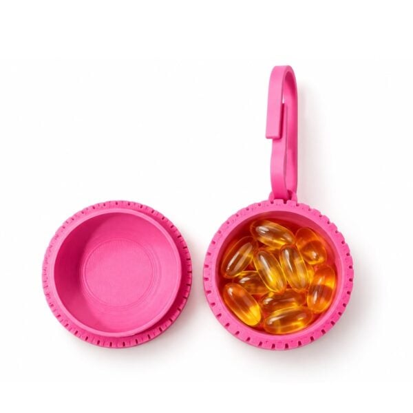 Porta-Comprimidos Chaveiro 3D Personalizado 3D101 rosa aberto com cápsulas